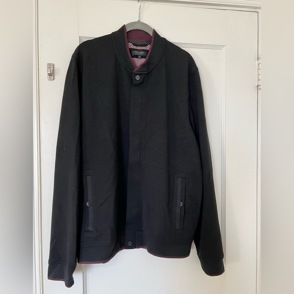 NWOT Ted Baker London Men's Black Bomber Jacket with Maroon Trim Detail
